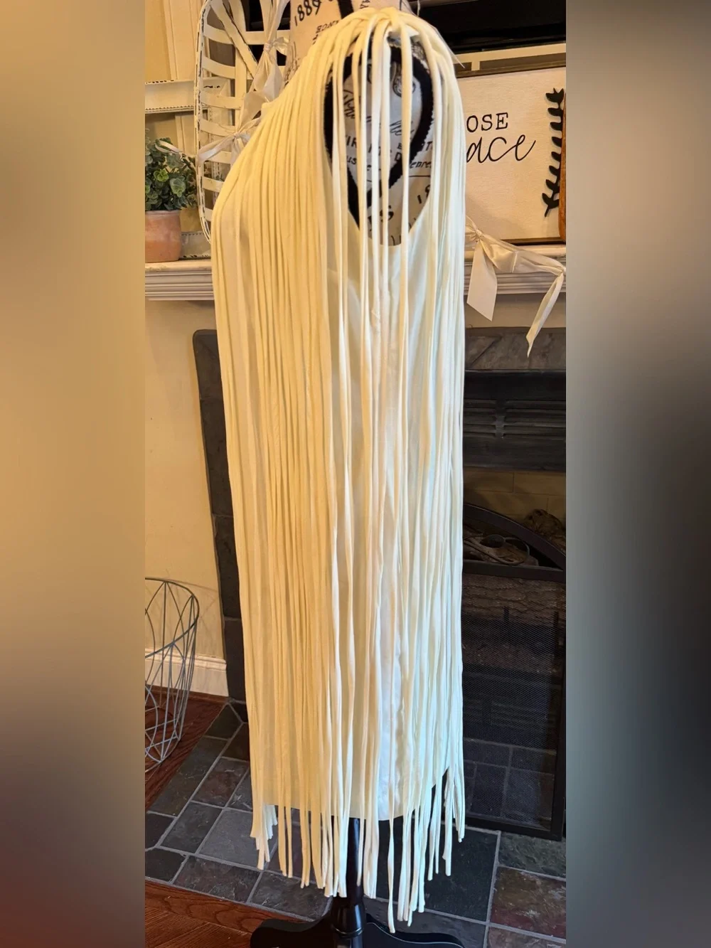 Cream Ivory Fringe Overlay Shift Dress Sleeveless Tassel Macrame Wedding NWT MED - Picture 4 of 8